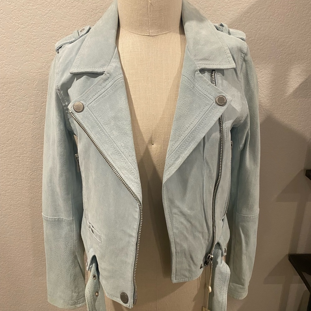 BLANK NYC - Suede Leather Moto Jacket - MINTY BLUE - size M